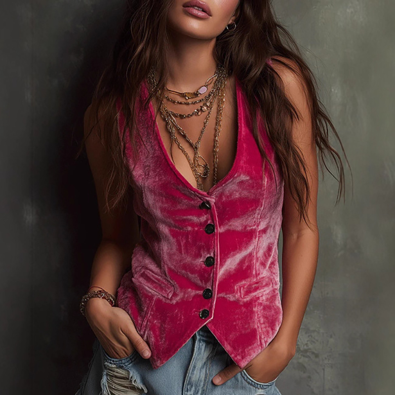 Vintage Fashion Postcards - Fashion Solid Velvet Women's Vest Jacket