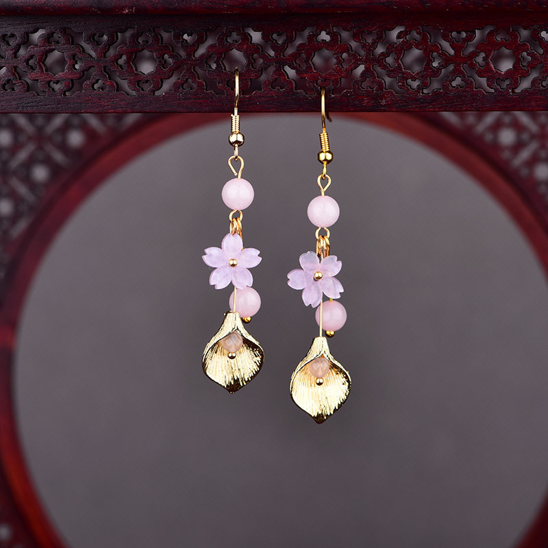 Vintage Fashion For Women - Pink Natural Jade Flower Earrings Vintage