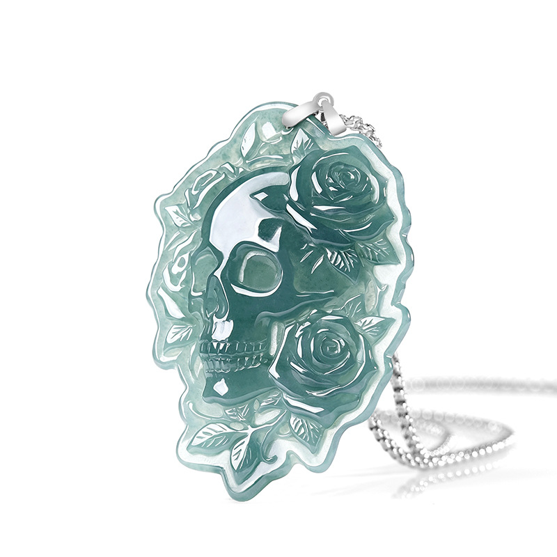 Vintage Fashion - Natural Burmese Jadeite Skull Pendant Necklace