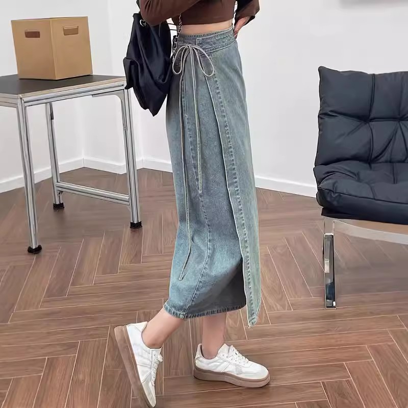 Elegant High Waist Washed Blue - Denim Skirt Midi Vintage 评论和价格