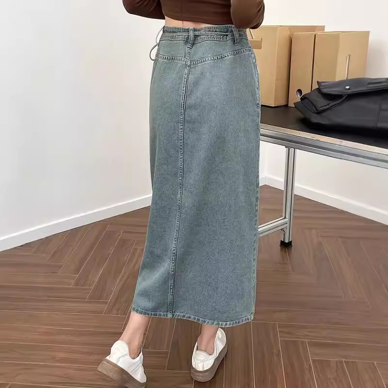 Elegant High Waist Washed Blue - Denim Skirt Midi Vintage 评论和价格