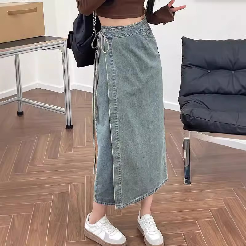 Elegant High Waist Washed Blue - Denim Skirt Midi Vintage 评论和价格