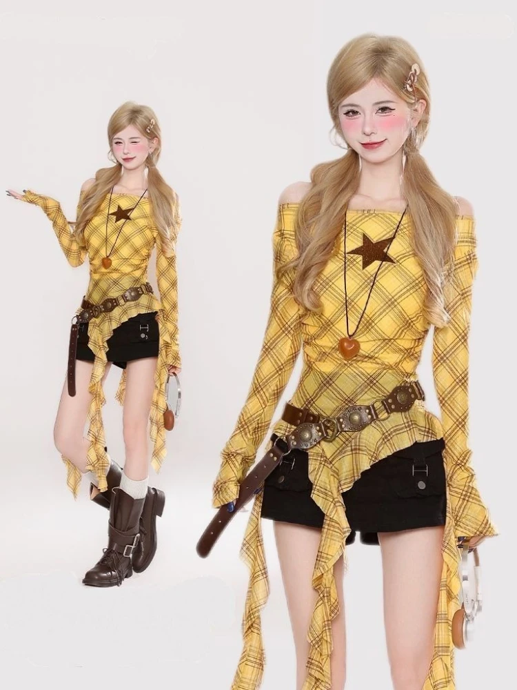 Y2K Plaid Slash Neck Vintage T - Vintage Fashion For Women 评论和价格