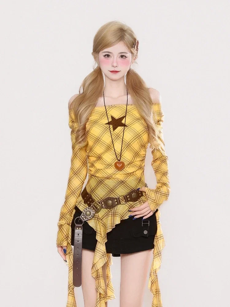 Y2K Plaid Slash Neck Vintage T - Vintage Fashion For Women 评论和价格