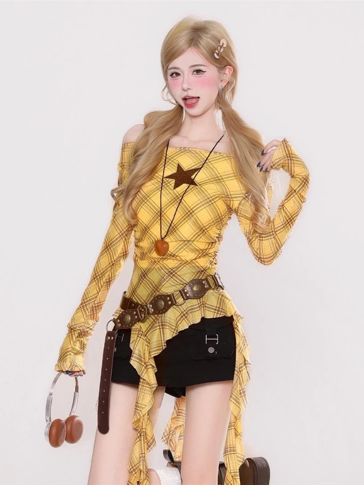 Y2K Plaid Slash Neck Vintage T - Vintage Fashion For Women 评论和价格