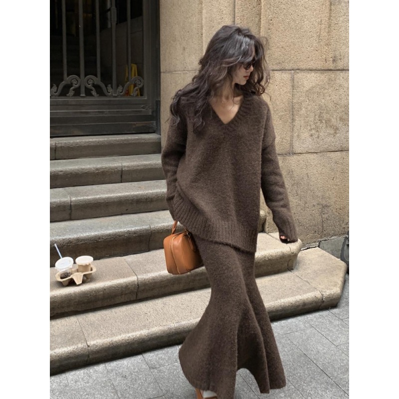 Knitted Sweater Set Skirt Wome - V Vintage Fashion 评论和价格