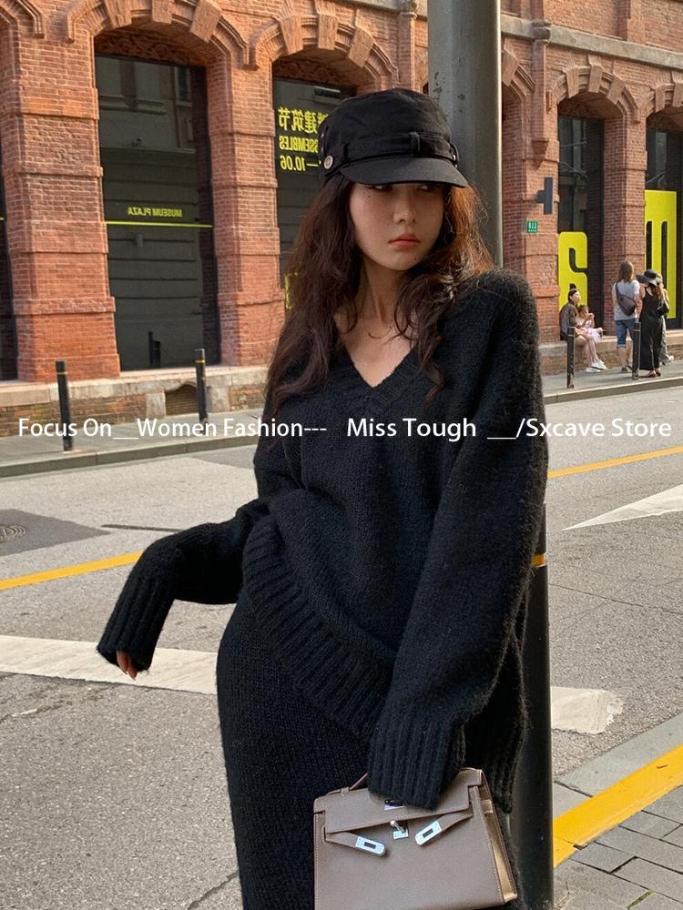 Knitted Sweater Set Skirt Wome - V Vintage Fashion 评论和价格