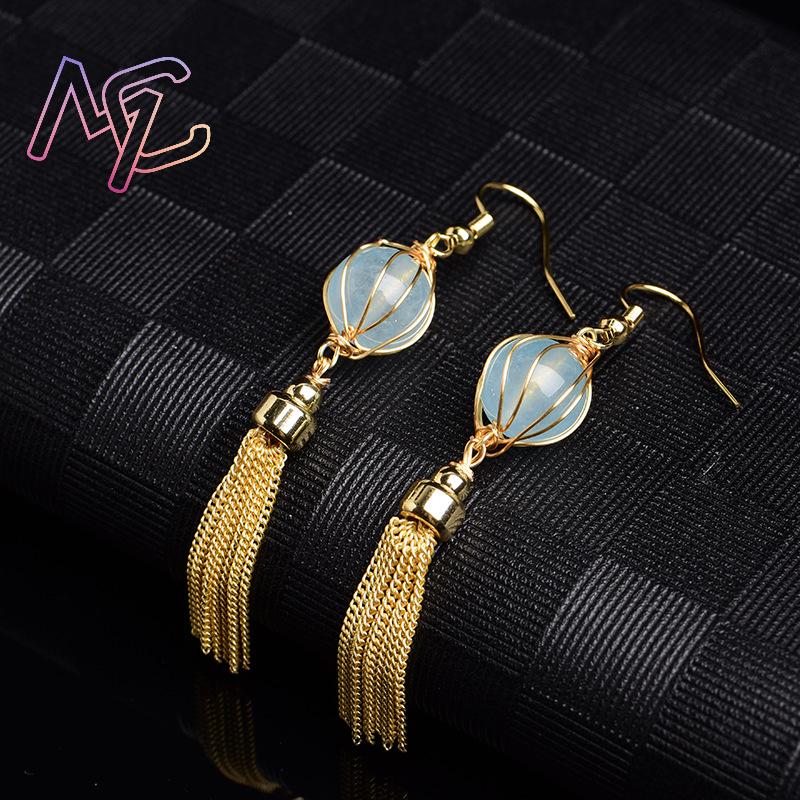 Blue Natural Jade Bead Earring - Vintage Fashion 评论和价格
