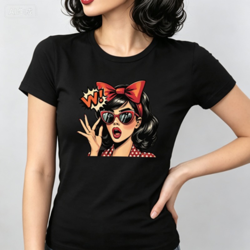 Women Cotton Slim T-Shirt Retr - Vintage Fashion Pop Up 评论和价格